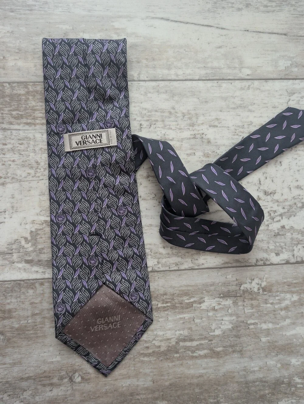 Versace Black & Purple Leaf Motif Silk Tie